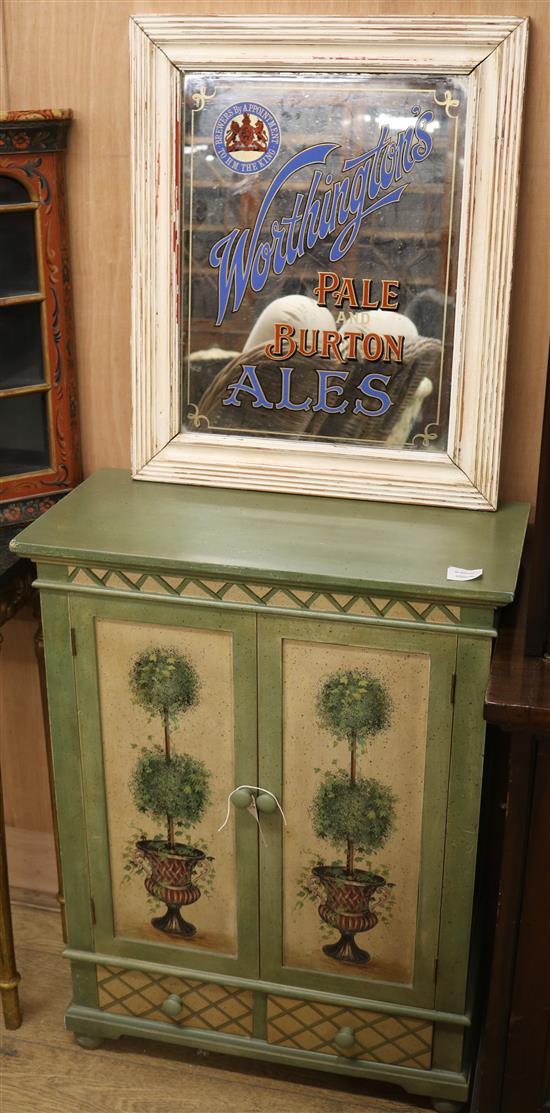 A small Regency style green and cream painted and decorated cupboard W.61cm